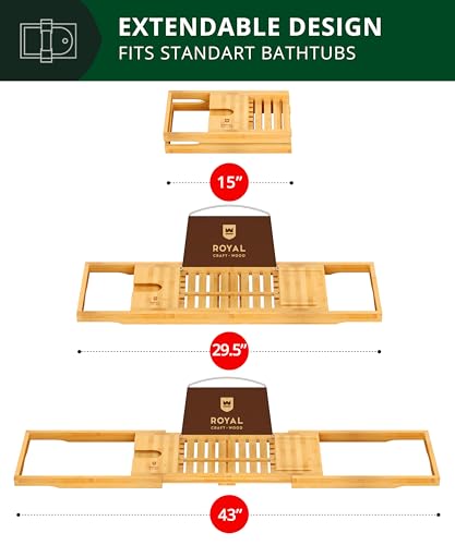 Royal Craft Wood Natural Bamboo Expandable Bathtub Caddy Tray - Foldable Bath Shelf for Tub, Water-Resistant Bathroom Accessory