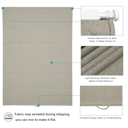 Cordless No-Drill Roman Shades - Blackout Window Blinds, 35" x 64", Beige