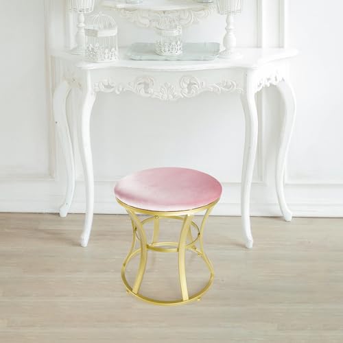 Round Velvet Vanity Stool with Gold Metal Legs - Compact Makeup Chair