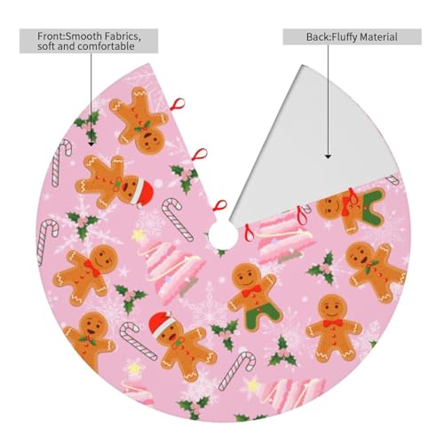 JOOCAR 48 Inch Pink Christmas Tree Skirt with Lace Up Candy Cane Gingerbread Pattern - 122cm