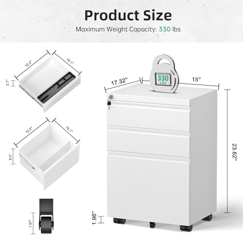3-Drawer Metal Rolling File Cabinet with Lock, Under Desk Storage for Office