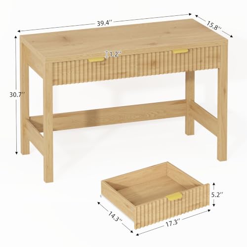 39-Inch Small Fluted Computer Desk with 2 Drawers, Oak Writing Desk