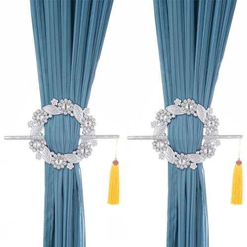 Crystal Floral Curtain Holdbacks with Tassels - Decorative Wall-Mounted Set
