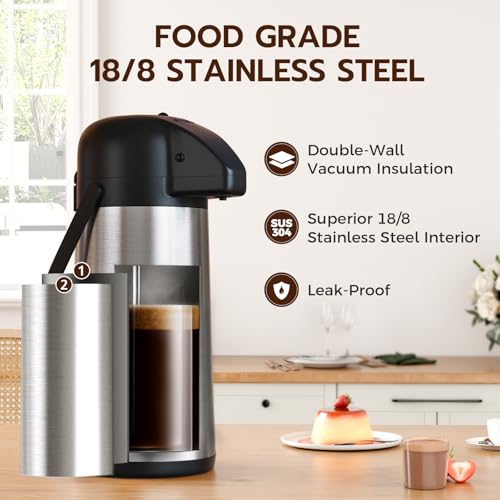3L Insulated Airpot Coffee Dispenser with Pump - Stainless Steel Thermal Urn