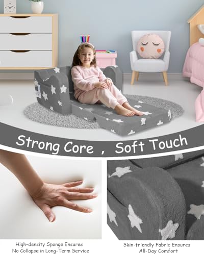 Toddler Fold-Out Couch, 2-in-1 Convertible Kids Sofa and Lounger, Gray