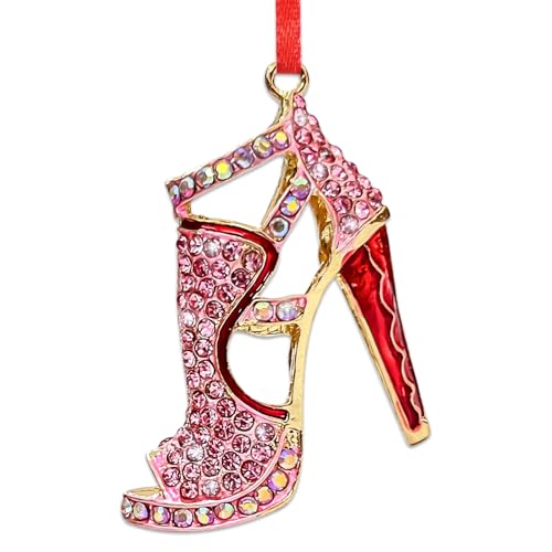 BIZIBAFF B-shoe High Heel Christmas Ornament - Metal Sparkly Rhinestones, Red Ribbon 2 x 2.25 in