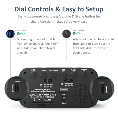 Digital Dual Alarm Clock for Bedroom - 0-100% Dimmable Blue Display