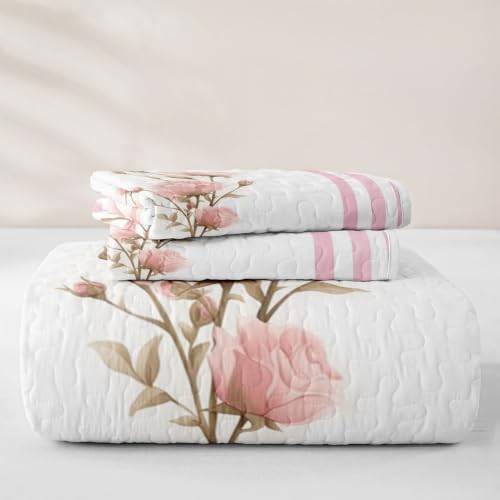 Pink Bow Floral Quilt Set - Twin Size Lightweight Bedspread for All Seasons