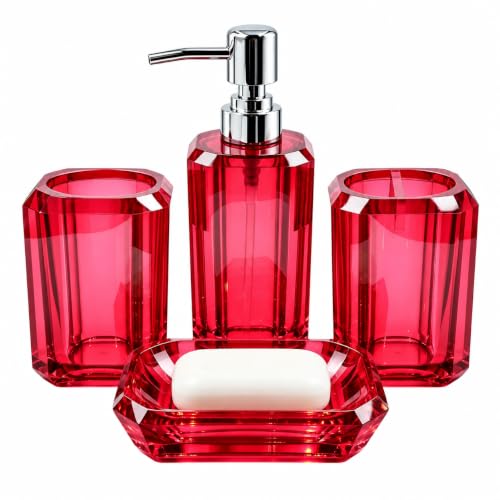 Red Bathroom Accessories Set - 4-Piece Acrylic Decor for Guest & Master Bath - Holiday & Year-Round Use