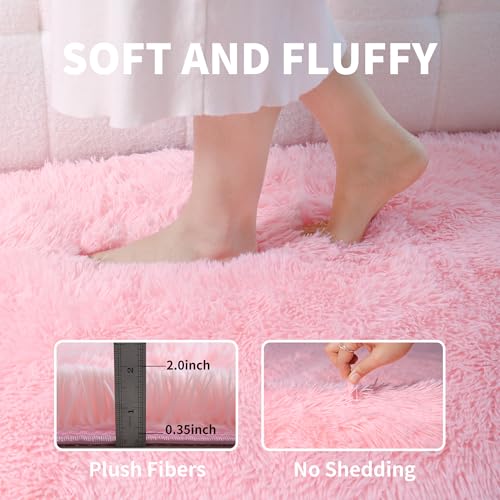 Pink Fluffy 4x6 Area Rug - Soft Washable Shaggy Carpet for Bedroom & Nursery