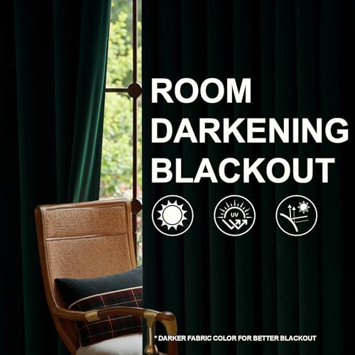 Dark Green Velvet Blackout Curtains 108 Inch Long for Living Room, Pack of 2