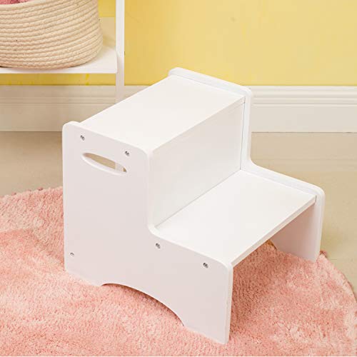 Wooden 2-Step Toddler Stool with Handles & Non-Slip Pads - White