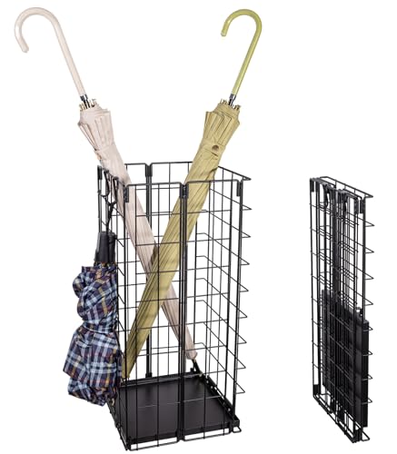 Foldable Metal Umbrella Stand for Entryway with Drip Tray - Black