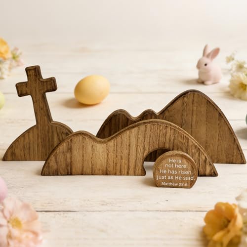 Wooden Empty Tomb Easter Decor - Religious Resurrection Scene Set with Cross