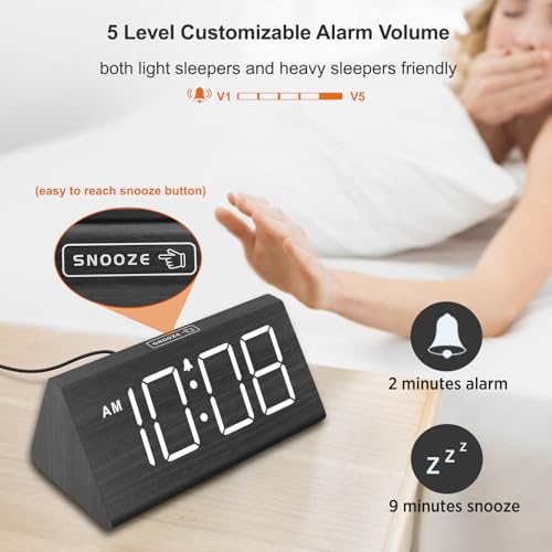 Wooden Digital Alarm Clock with USB Charger - Loud Desk Clock for Bedrooms