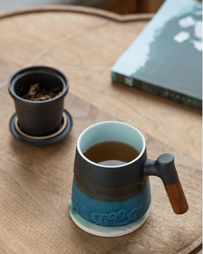 ZENS 15.2oz Blue Tea Cup with Infuser, Lid & Coaster - Handcrafted Ceramic