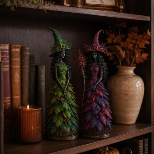 Autumn Witch Figurine - Fall Halloween Resin Tabletop Statue, Saffron