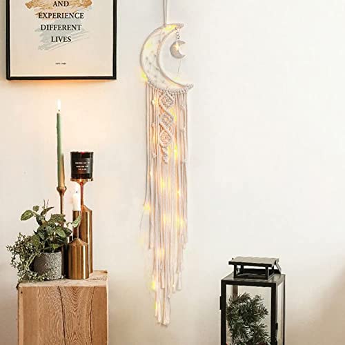 Moon Macrame Wall Hanging with LED String Lights - Boho Wall Decor