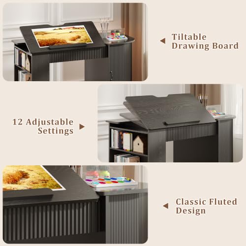 Adjustable Drafting Table with Storage Cabinet, Drawers & Charging Station