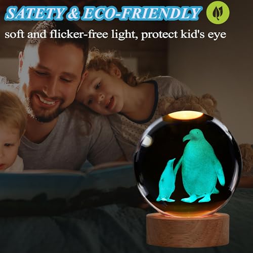 3D Penguin Crystal Ball Night Light with 16-Color LED Remote Control Base