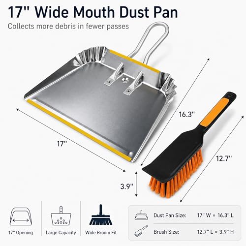 17-Inch Heavy Duty Metal Dustpan and Brush Set for Garage & Outdoor