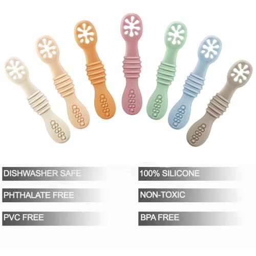 Silicone Baby Feeding Spoons 7 Pack - Soft Self-Feeding Utensils for Toddlers