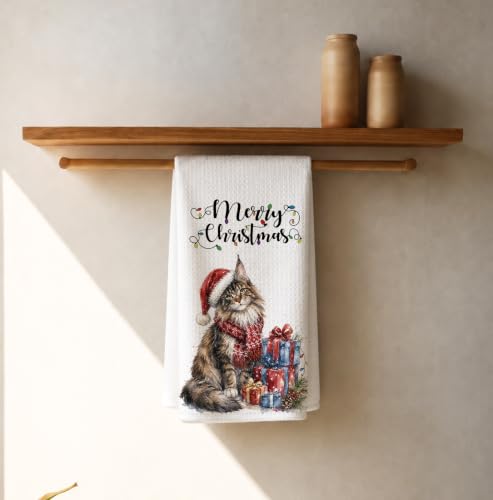 Santa Tabby Cat Christmas Kitchen Towels 16x24in - Merry Christmas Decor