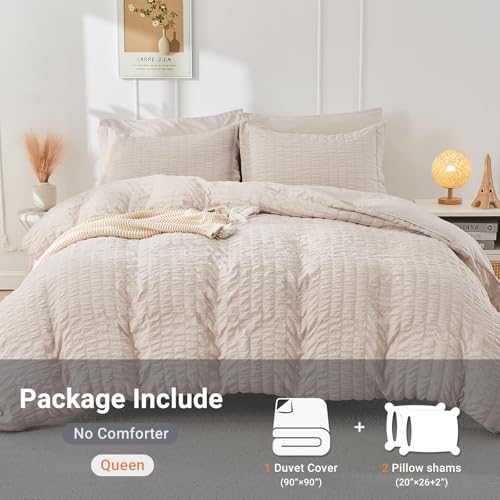 Beige Seersucker Queen Duvet Cover Set - 3-Piece Soft Microfiber Bedding