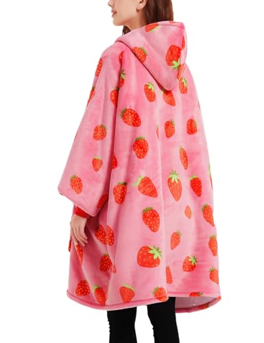 Oversized Strawberry Wearable Blanket Hoodie with Sherpa Lining
