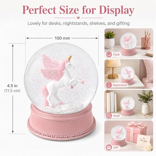 100mm Pink Unicorn Snow Globe with Glitter for Bedroom Shelf Decor