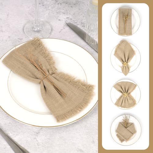 Caramel 16x16 Inch Cotton Linen Cloth Napkins Set of 30 with Fringe - Rustic Wedding & Party Table Decor