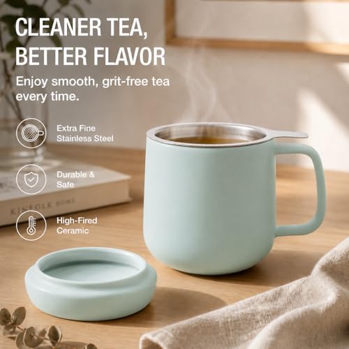 Tealyra Sumo Porcelain Loose Tea Mug with Infuser & Lid - Turquoise 15oz