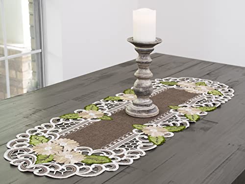 Gold Daisy Embroidered Table Runner 14x44 Inches Brown Floral Doily