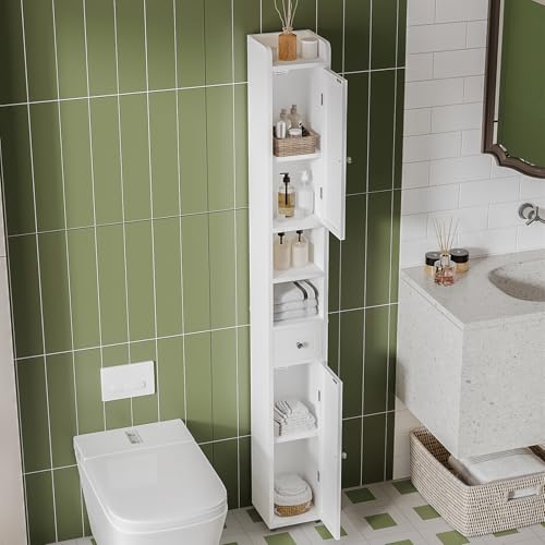 Tall Narrow Bathroom Storage Cabinet with Drawer and Adjustable Shelves