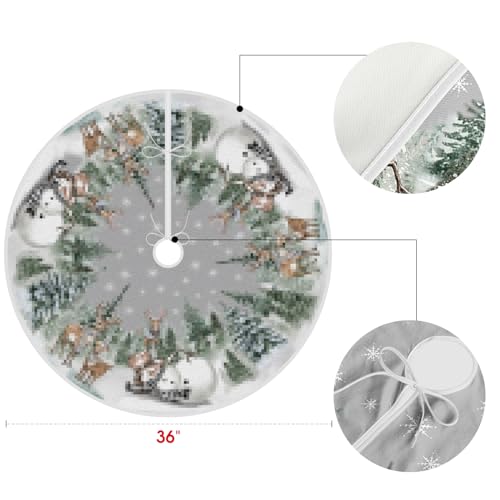 36-Inch Christmas Tree Skirt with Snowman & Reindeer Pattern, Rope Ties