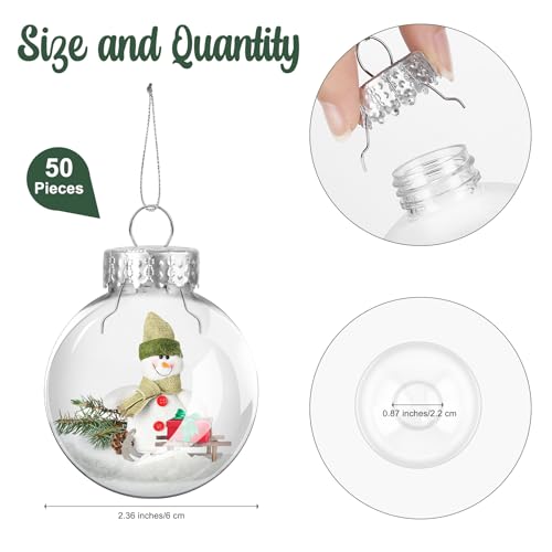 50 Pieces 6cm Clear Plastic Christmas Ornaments Fillable Baubles with Removable Tops