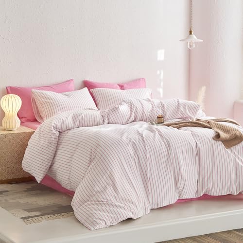 Pink Striped Cotton Duvet Cover Set - Queen Farmhouse 3-Piece Bedding