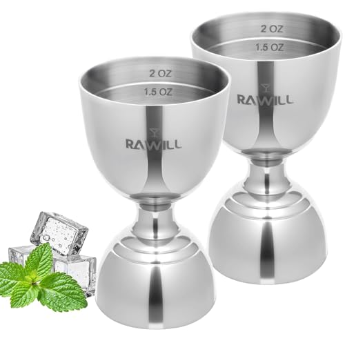 RAWILL Double Shot Jigger Set - 2 oz & 1 oz Bar Measuring Cups, Stainless Steel Barware