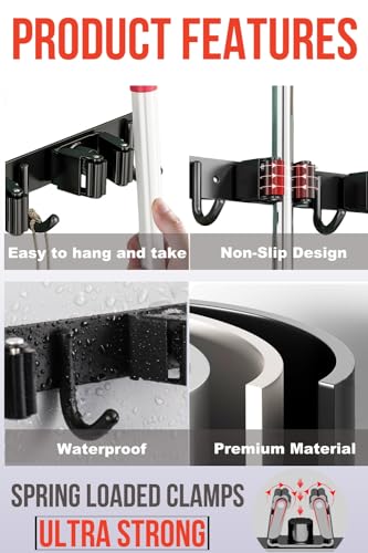 Stainless Steel Mop and Broom Holder Wall Mount with 3 Racks and 4 Hooks