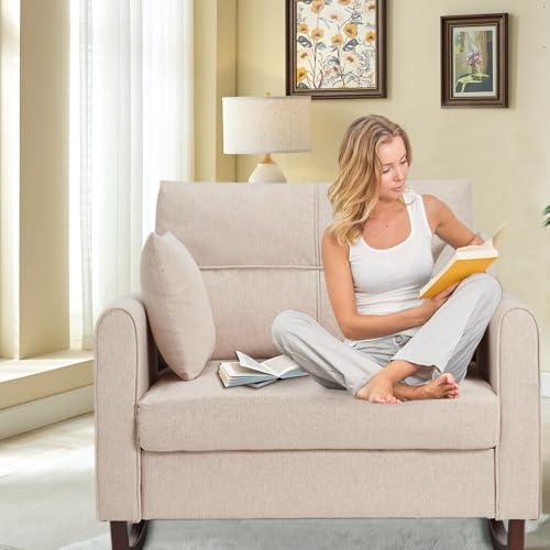 Oversized Upholstered Rocking Chair with USB Port and Side Pockets, Beige