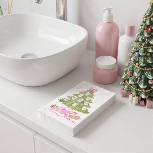 Wrapaholic 50Pcs Christmas Tree Pink Mahjong Paper Napkins - Holiday Disposables