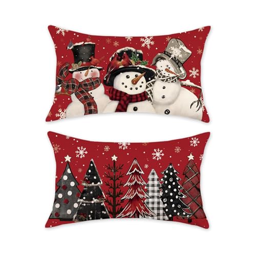 Red Christmas Pillow Covers 12x20 Set of 2 with Snowman & Trees