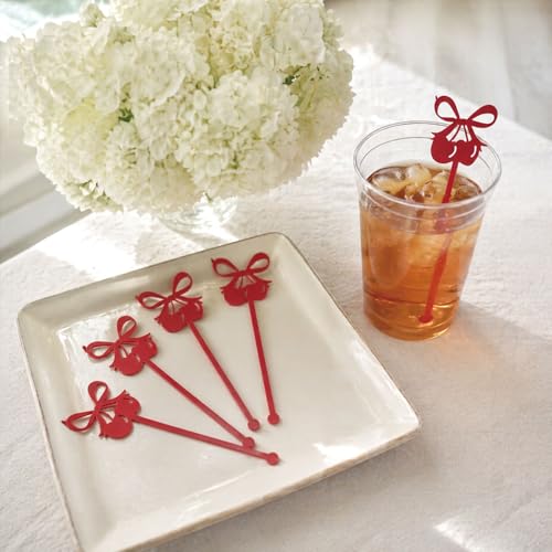 Hying Style 3 60Pcs Cherry Bow Cocktail Stirrers - Red Plastic Drink Picks