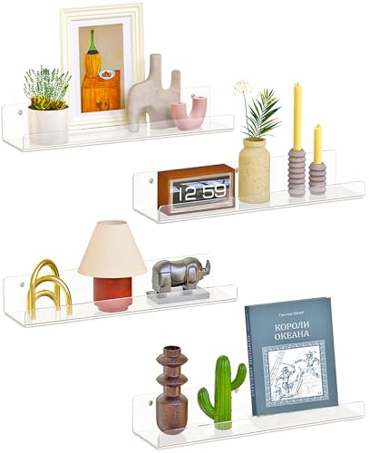 15-Inch Clear Acrylic Floating Wall Shelves - 4 Pack Display Organizer