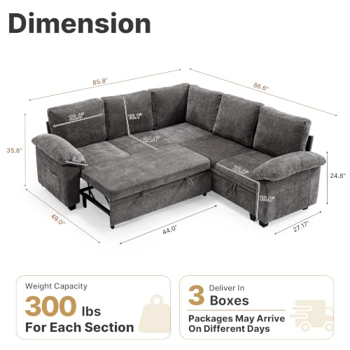 5-Seat Modular Sectional Sleeper Sofa with Pull-Out Bed and Storage, Grey