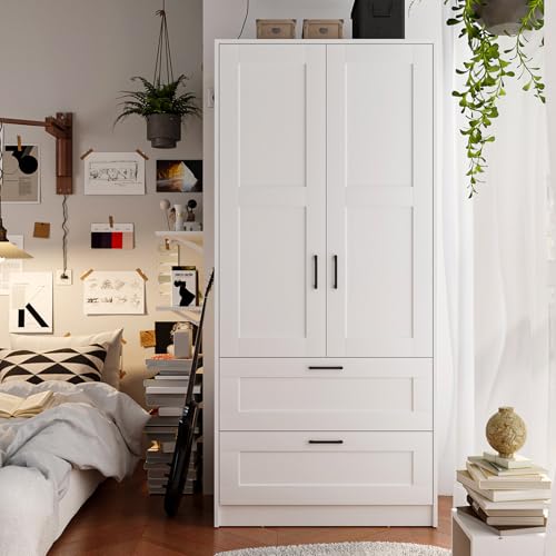 2-Door Wooden Wardrobe Closet with Drawers and Hanging Rod - White