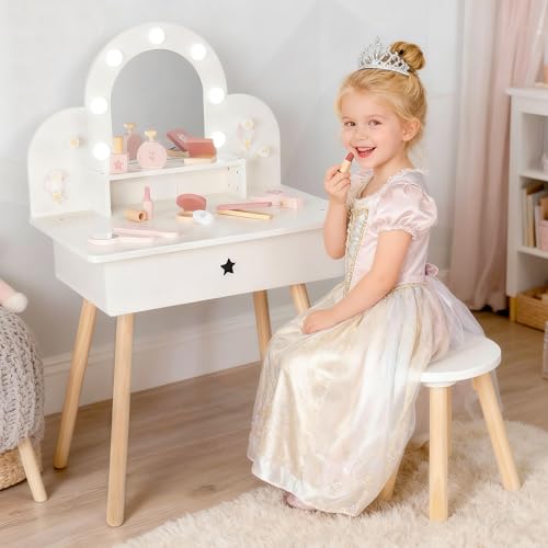 Kids Wooden Vanity Set with Lighted Mirror and 11 Makeup Accessories