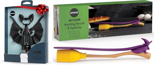 OTOTO Vino Spooky Bat Corkscrew & Bottle Opener, 2-in-1 Wine & Beer Opener, Silicone Heat-Resistant Basting Brush & Spatulas