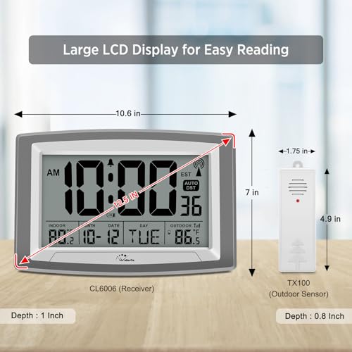 Atomic Self-Setting Digital Wall Clock with Indoor/Outdoor Temperature Sensor