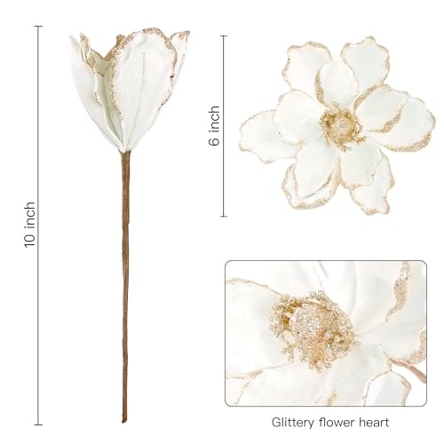 White 10Pcs Christmas Glitter Poinsettia & Velvet Magnolia Flower Ornaments - DIY Floral Picks